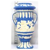 9in blue/white urn vase with cherubs