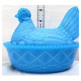 Blue milk glass hen on nest