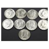 Lot of 9 1964 Kennedy half dollars