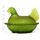 Vintage Indiana glass avocado green hen on nest