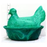 Vntg Westmoreland emerald green slag hen on nest