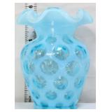 Fenton 5.5in blue opalescent coin dot vase