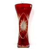 Vntg 11in red bohemian cut to clear vase