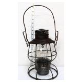 Vntg metal railroad lantern w/ clear signed globe
