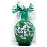 Fenton 10in green vase w/ flowers