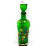 Vntg emerald 11in decanter w/ flowers