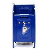 Vintage blue metal USPS mailbox bank w/ key