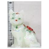 Fenton white iridescent sitting cat w/ roses