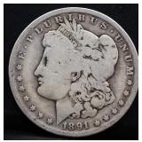 1891O Morgan silver dollar
