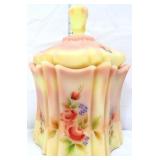 Fenton burmese lidded jar w/ roses