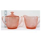 Vntg pink depression cherry blossom sugar/creamer