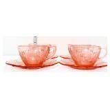 4 vntg pink depression cherry blossom cup/saucers