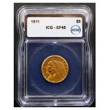 1911 Indian Head $5 gold coin