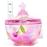 Fenton pink iridescent tulip covered candy dish