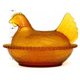Vntg amber hen on nest, see photos of nest