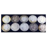Lot of 10 barber half dollars