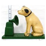 Cast iron dog at phonograph bank