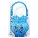 Fenton signed celeste blue overlay melon basket