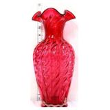 Fenton 12in cranberry swirl optic vase