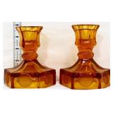 Pair Fostoria amber coin glass candleholders