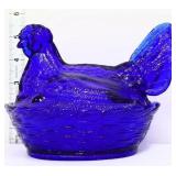 Cobalt glass hen on nest