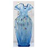 Fenton ice blue 12in vase w/ blue flowers