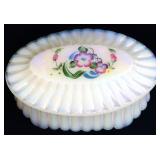 Fenton white iridescent trinket jar w/ floral lid
