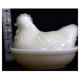 Vintage small milk glass hen on nest