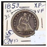 1853 arrow date seated liberty quarter