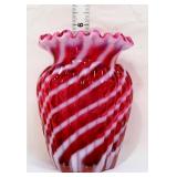 Fenton 5in cranberry spiral optic opalescent vase