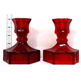 Pair Fostoria red coin glass candleholders