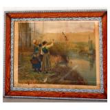 Vintage framed lady waving art, as is NO SHIPPING