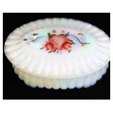 Fenton white iridescent oval trinket box