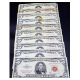 Lot of 10 red seal $5 notes
