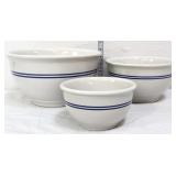 Trio white mixing bowls w/ cobalt stripe