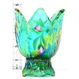 Fenton green iridescent tulip candle holder