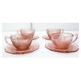 4 pink depression cherry blossom cups w/ saucers