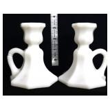 Pair vintage milk glass finger candle holders