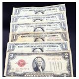 Lot of 6 paper money, 5 $1 silver certs, 1 $2 note