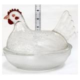Vintage clear hen on nest with red comb