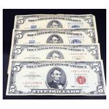 Lot of 4 blue & red seal $5 notes