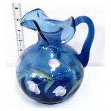 Fenton twilight blue pitcher w/ flowers