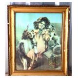 Vintage framed girl sitting with dogs art