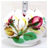 Vntg 4in white satin rose bowl w/ flowers