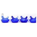 Lot of 4 miniature blue/white marble hens on nest
