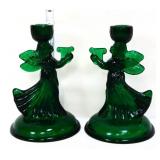 Pair green glass angel candleholders