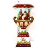 Vintage 9in pedestal urn vase w/ lady scene