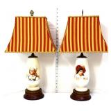 Pair vintage portrait lamps w striped shades