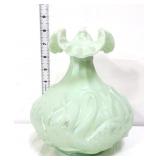 Fenton signed sea green 8in iridescent swan vase