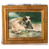 Vintage framed little girl with dog art